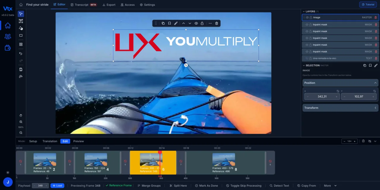 Vtx branding controls applied to text in a finished video